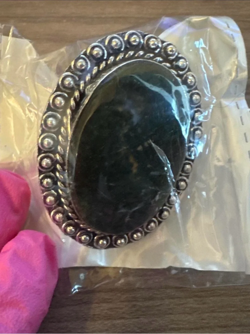 NWT-Green Moss Agate Oval Statement Ring with Silver-Tone Setting